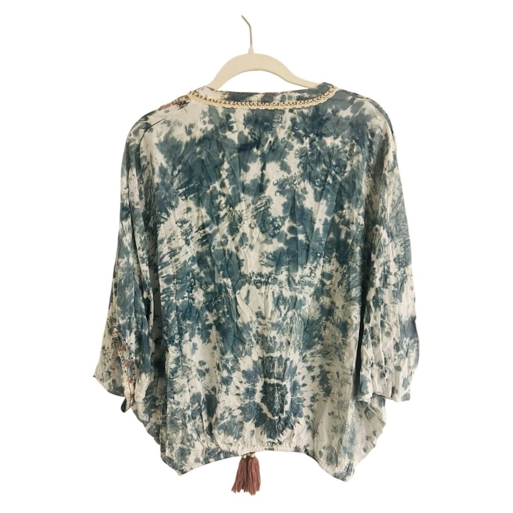 Skemo Blue Tie Dye Embroidered V-Neck Blouse Tassels Size M Boho Hippie Festival - Picture 4 of 11